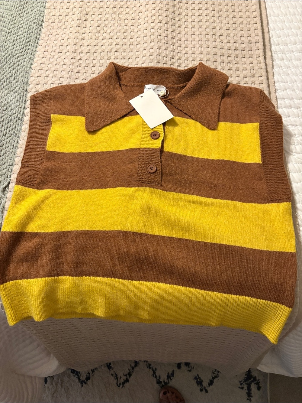 entro Brown and Yellow Striped V-Neck Polo Sweater Vest